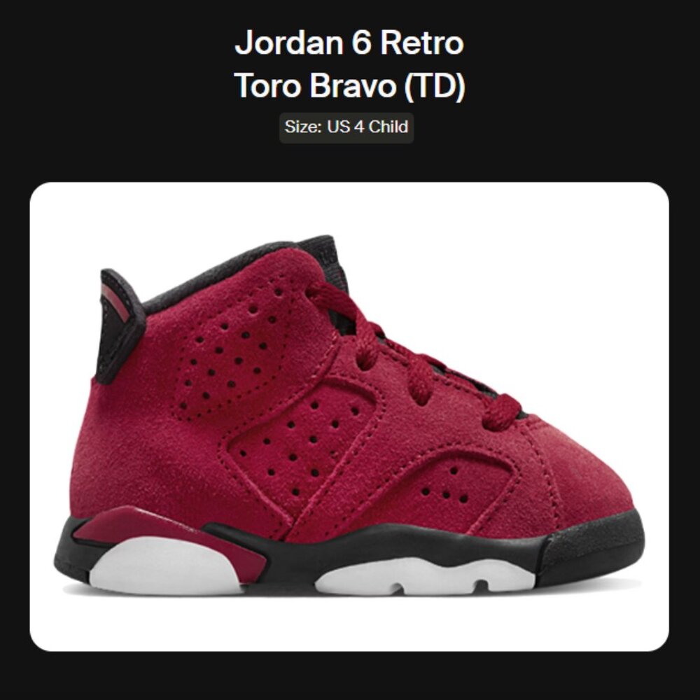 Baby Size 4c - Jordan 6 Retro Toro Bravo (TD) - DV3606-600 - Authentic New!